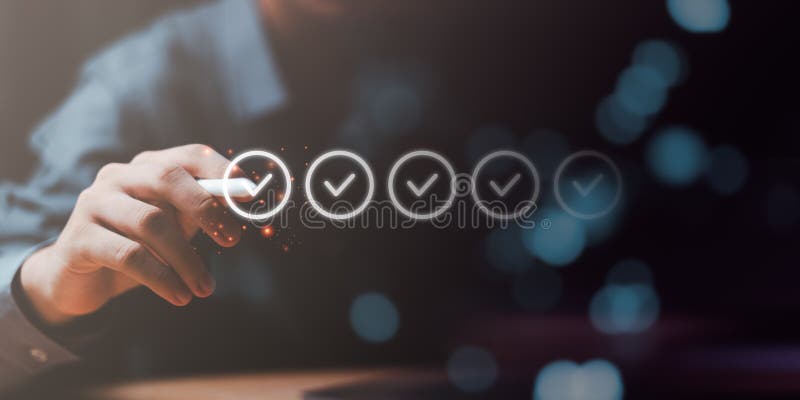 Inspector makes mark on the survey topic ,Checklist with checkmarks and checkboxes ,checklist ideas, online quality assessment stock image