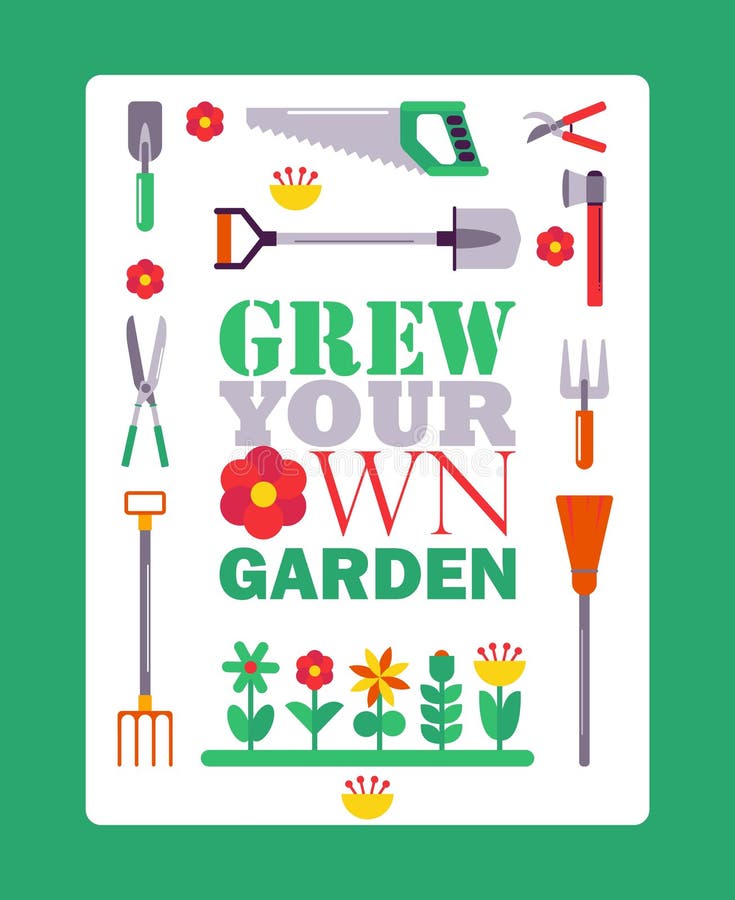 Inspirational gardening poster, vector illustration. Typographic book cover with isolated gardener tools icons