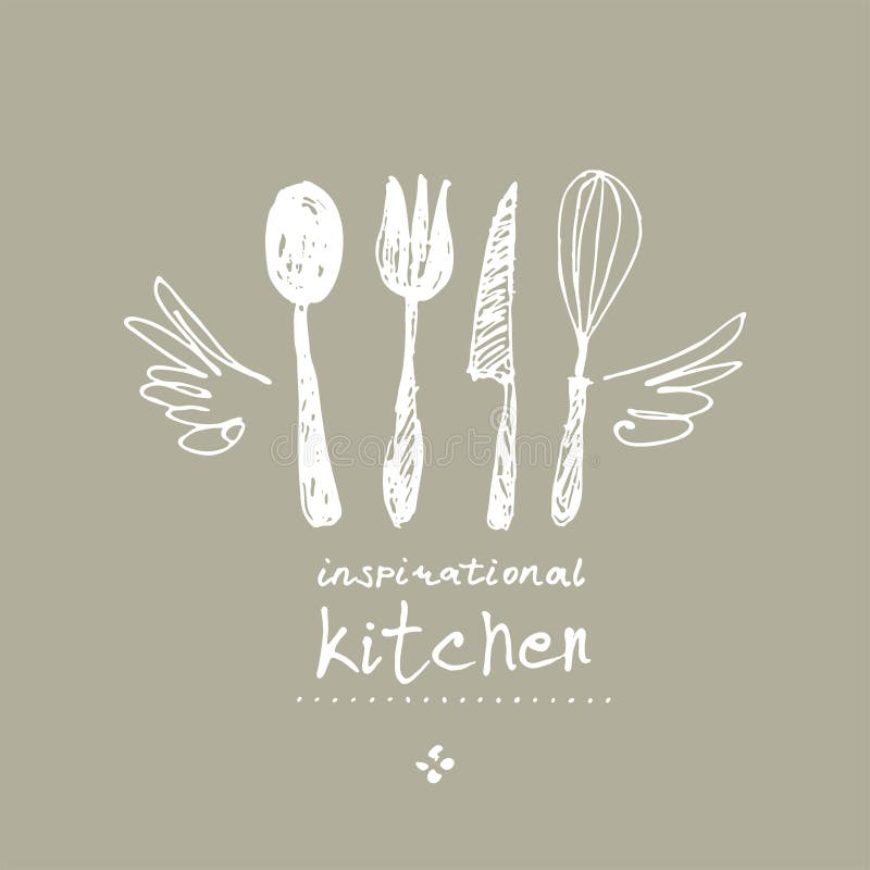 Inspirational kitchen. Illustration as a child`s drawing a kitchen utensils with wings and heart. Funny picture drawn by pencils.