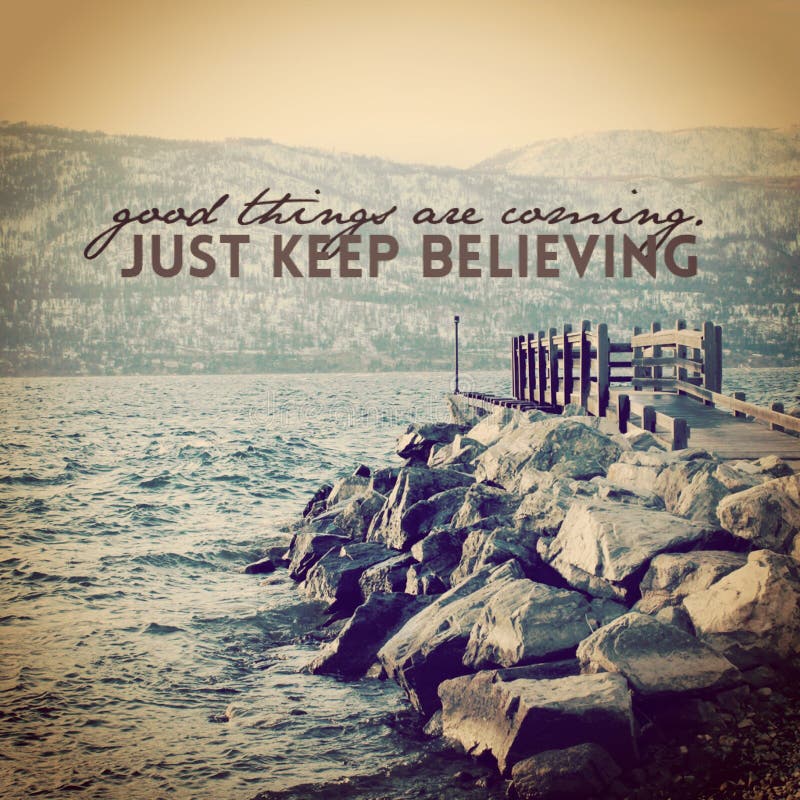 Inspirational quote on winter lake landscape with dock royalty free stock images Inspirational quote on winter lake landscape with dock royalty free stock images