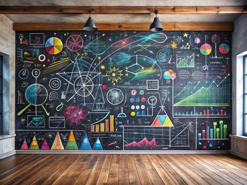 Inspirerande klassrumsdekoration en pankoramisk svart krita fylld med invecklade matematik och vetenskapliga skisser som är ideali stock illustrationer