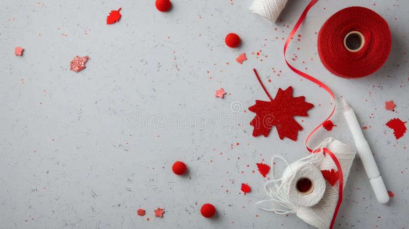 Inspiring DIY Projects with Festive Red Elements and Tools, Red and White Crafting Essentials for Seasonal Decor royalty free stock photography