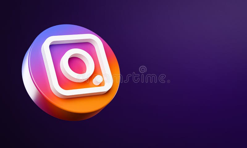 Instagram Circle Button Icon 3D on Dark Bakcgorund. Elegant Template Blank Space.