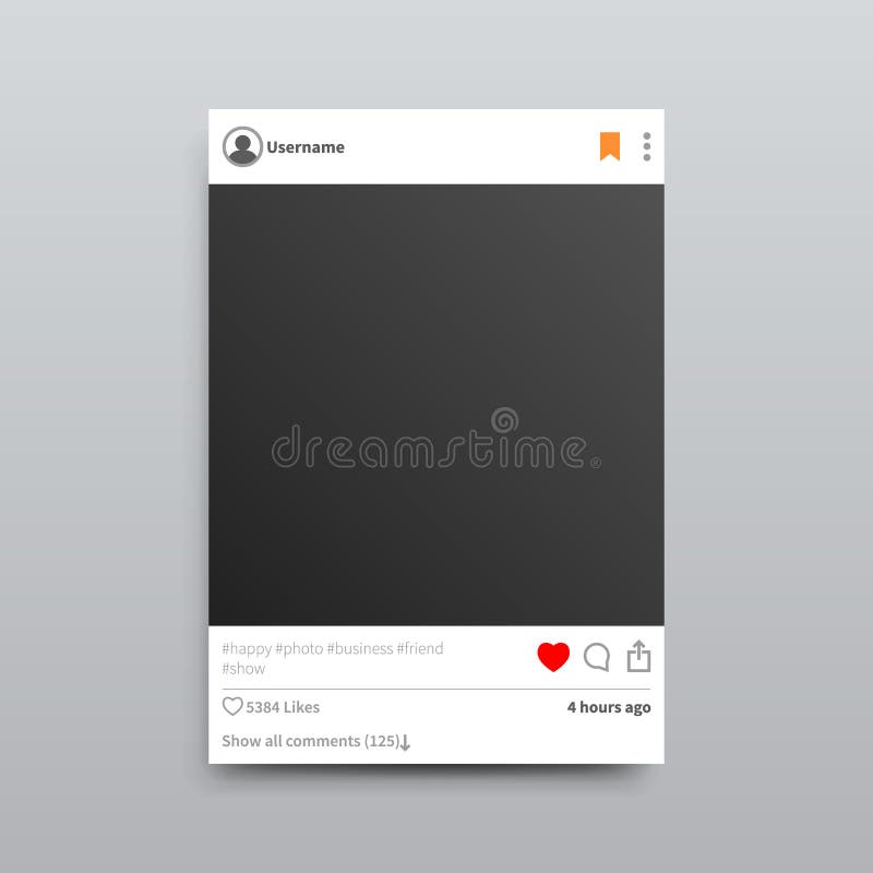 Instagram vuoto, cornice per foto con il cuore rosso e pulsante segnalibro, diversi hashtag e sacco di 