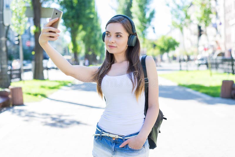Instagram influencer gadget device student denim clothes concept. Photo portrait of pretty attractive gorgeous nice confident lady