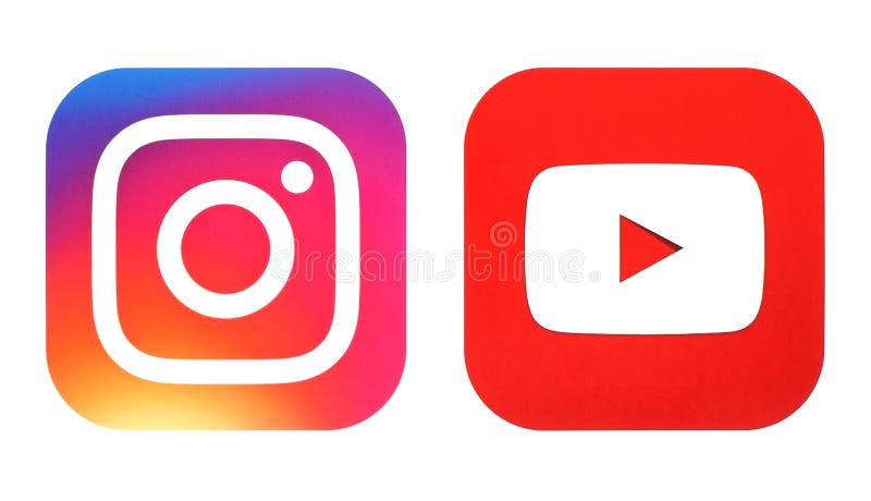 Kiev, Ukraine- July 25, 2016: Instagram new logo and Youtube icon printed on white paper