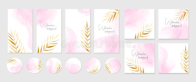 Instagram stories templates, posts, highlights icons. Vector set of abstract backgrounds with golden leaves