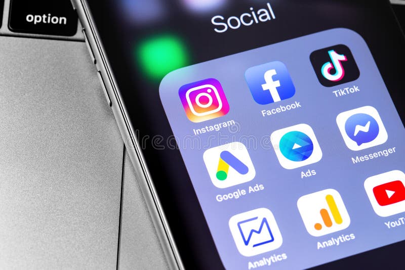 Instagram, Facebook, YouTube, TikTok, Google Ads, Analytics icon apps on the screen iPhone. Social media apps. Internet marketing. Moscow, Russia - March 18, 2019. Instagram, Facebook, YouTube, TikTok, Google Ads, Analytics icon apps on the screen iPhone. Social media apps. Internet marketing. Moscow, Russia - March 18, 2019
