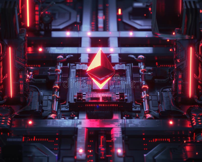 Instalación de hardware de minería de eéreo futurista con elementos rojos brillantes que simbolizan la tecnología de blockchain y imagen de archivo libre de regalías