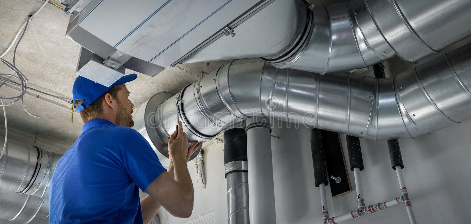 Instalacja rurociągów kanalizacyjnych dla wentylacji i klimatyzacji przez pracownika hvac. miejsce na kopiowanie Instalacja rurociągów kanalizacyjnych dla wentylacji i klimatyzacji przez pracownika hvac. miejsce na kopiowanie