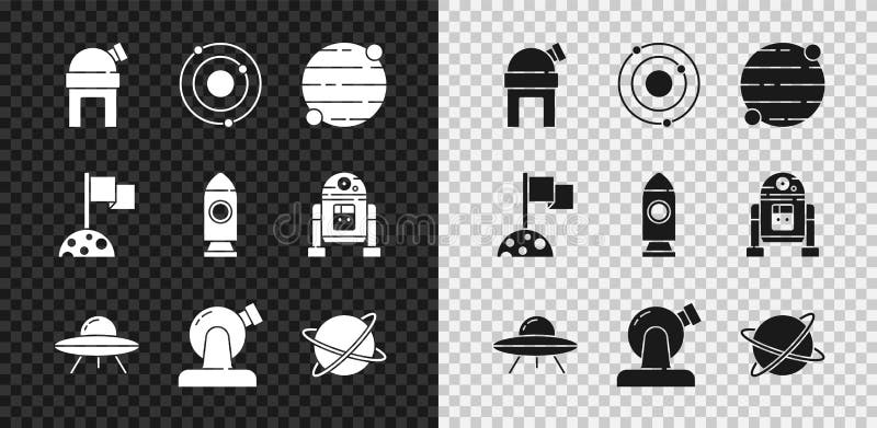 Set Astronomical observatory Solar system Planet UFO flying spaceship Satellites orbiting the planet Moon with flag and Rocket icon. Vector. Set Astronomical observatory Solar system Planet UFO flying spaceship Satellites orbiting the planet Moon with flag and Rocket icon. Vector.