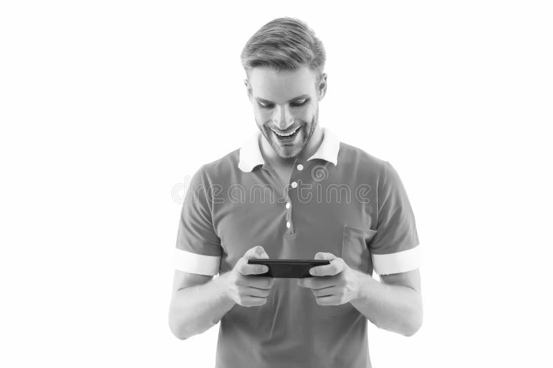 Instalar Jogo. Jogos Incríveis. Reparação Móvel. Homem Bonito Feliz  Segurando Telefone Celular 5g Conexão Rápida. Móvel Imagem de Stock -  Imagem de feliz, rede: 209519807