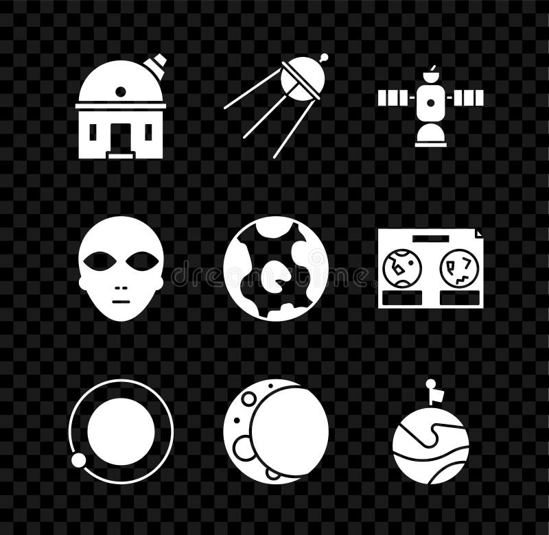 Set Astronomical observatory Satellite Satellites orbiting the planet Earth Moon with flag Alien and globe icon. Vector. Set Astronomical observatory Satellite Satellites orbiting the planet Earth Moon with flag Alien and globe icon. Vector.