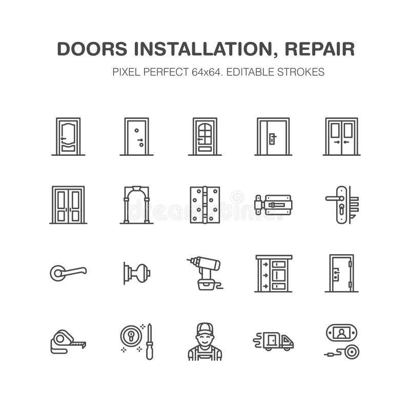 A instalação das portas, linha ícones do reparo Vários tipos da porta, punho, trava, fechamento, dobradiças O design de interiore ilustração stock A instalação das portas, linha ícones do reparo Vários tipos da porta, punho, trava, fechamento, dobradiças O design de interiore ilustração stock
