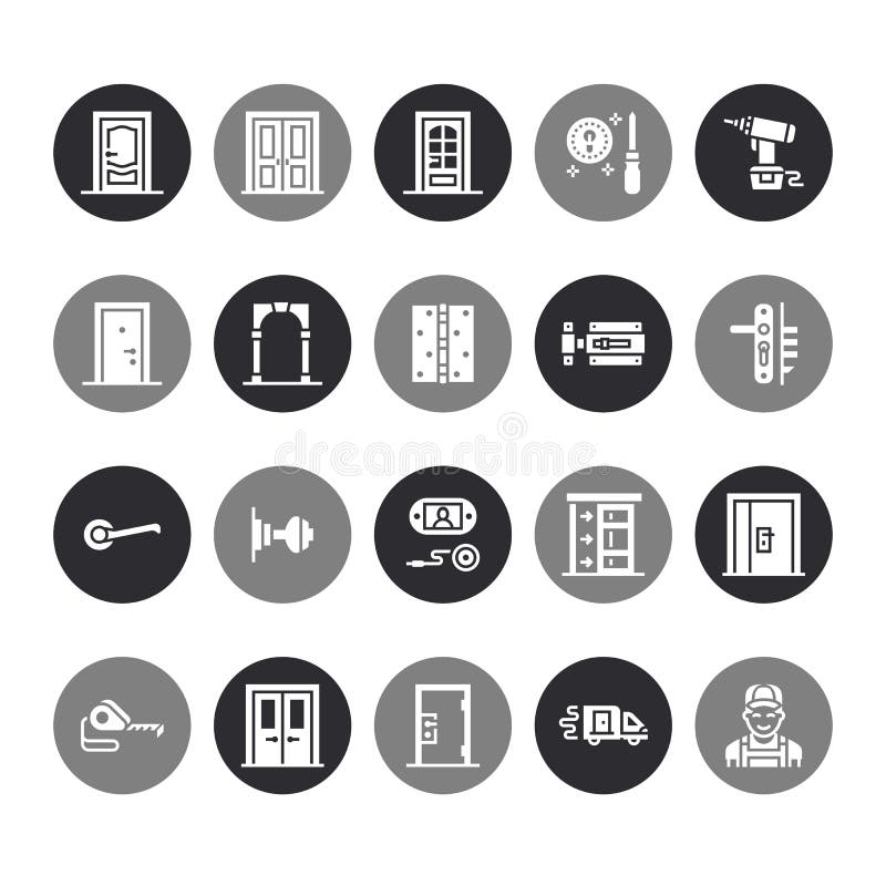 A instalação das portas, repara ícones lisos do vetor do glyph Vários tipos da porta, punho, trava, fechamento, dobradiças Design ilustração royalty free A instalação das portas, repara ícones lisos do vetor do glyph Vários tipos da porta, punho, trava, fechamento, dobradiças Design ilustração royalty free