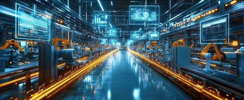 Instalație futuristă de producție cu automatizare robotică avansată și interfețe digitale vector illustration