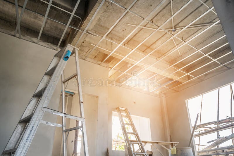 Install Metal Frame For Plaster Board Ceiling At House Stock