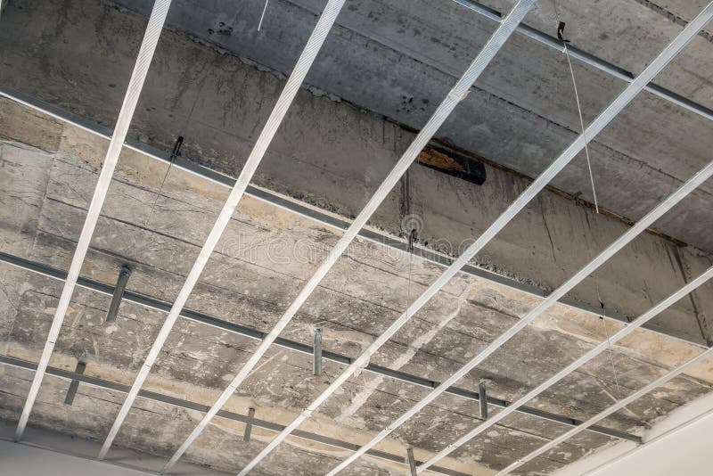 Install Metal Frame For Plaster Board Ceiling Stock Photo