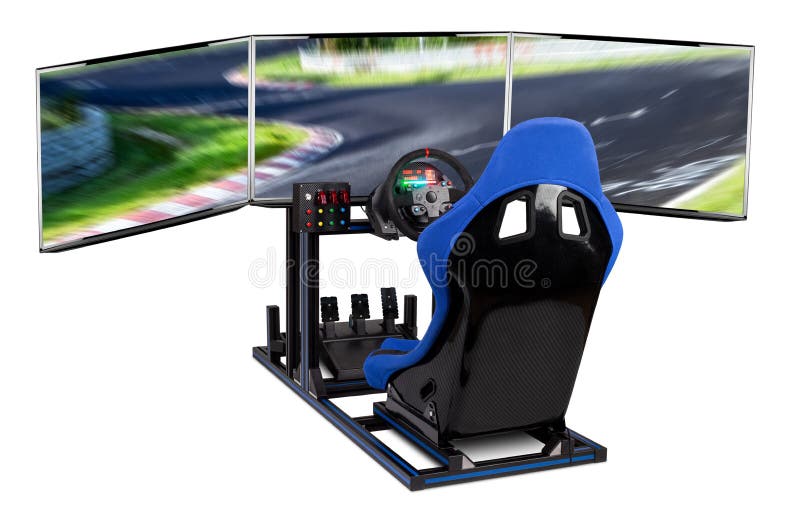Installation en aluminium simracing de simulateur de DIY pour l'emballage de jeu vidéo Pédales de volant de siège de seau de voit photographie stock libre de droits Installation en aluminium simracing de simulateur de DIY pour l'emballage de jeu vidéo Pédales de volant de siège de seau de voit photographie stock libre de droits