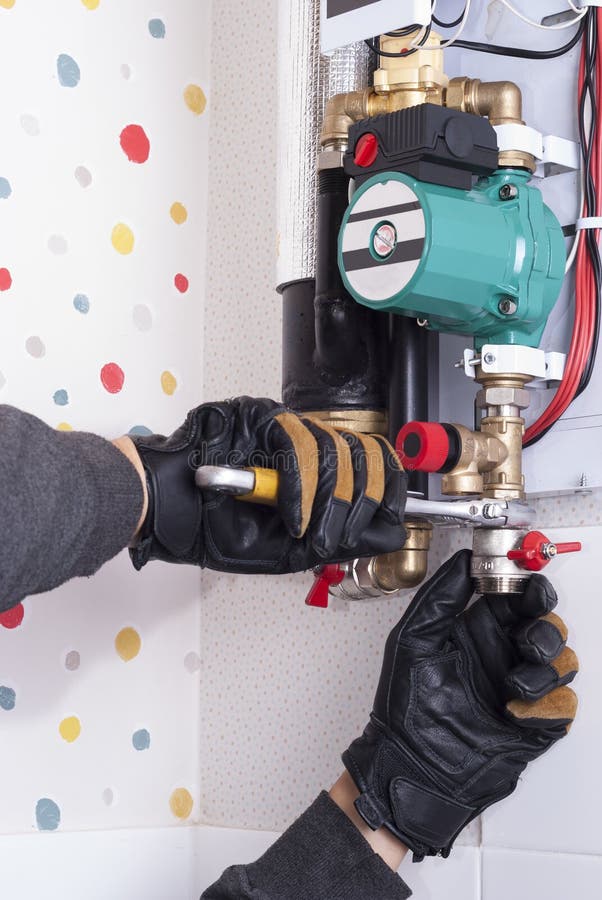 Installation of heating boiler stock image Installation of heating boiler stock image