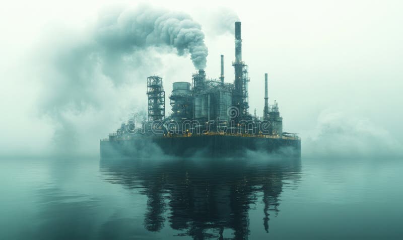 Installation industrielle émet de la fumée sur l'eau calme dans une atmosphère brumeuse. Une installation industrielle se trouve dans l'eau, libérant de la fumée dans l'air, créant une atmosphère brumeuse et mystérieuse pendant les conditions météorologiques dénudées.