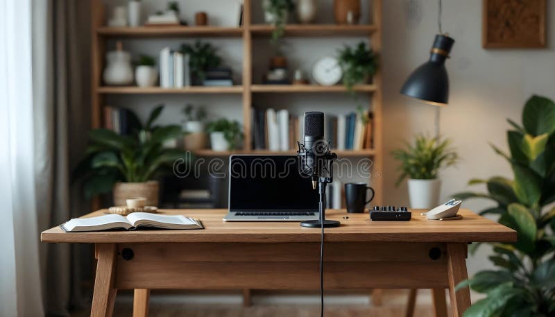 Installazione di Home Studio : Spazio di registrazione podcast con moderni strumenti di design minimalista e audio professionale illustrazione di stock