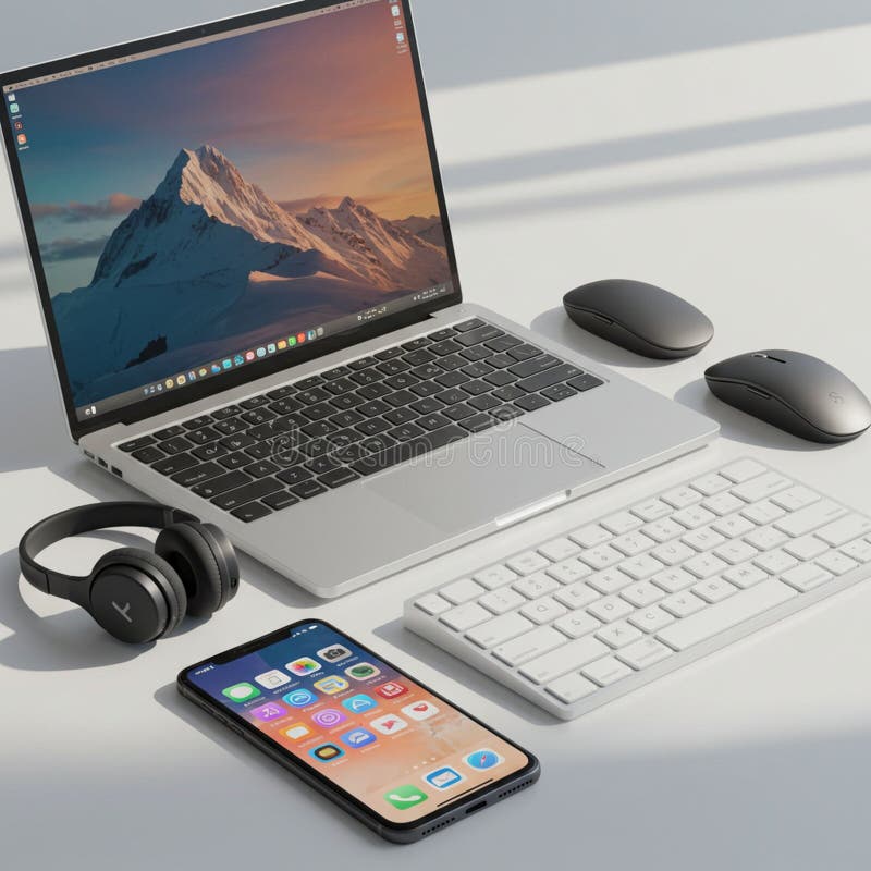 Installazione di uno spazio di lavoro moderno dotato di un notebook elegante con sfondo di montagna. royalty illustrazione gratis
