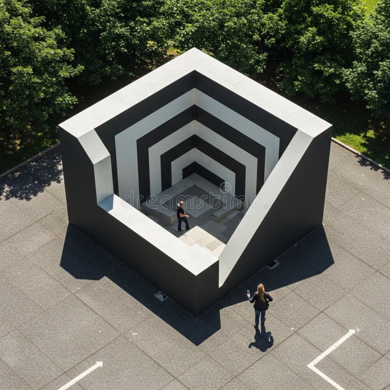 Installazione geometrica simile a un'illusione 3D con quadratini concentrici in bianco e nero. illustrazione vettoriale