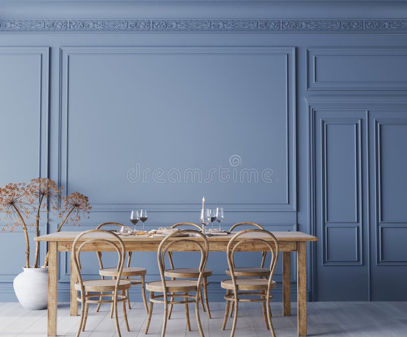 Installazione a parete vuota in una sala da pranzo blu, elegante e dal design compatto degli interni