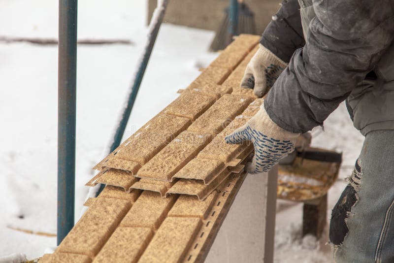 Installing Brick Siding on the Wall of the House Stock Image Image of