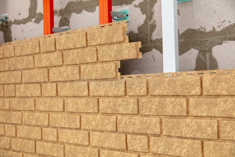 Installing Brick Siding on the Wall of the House Stock Image Image of