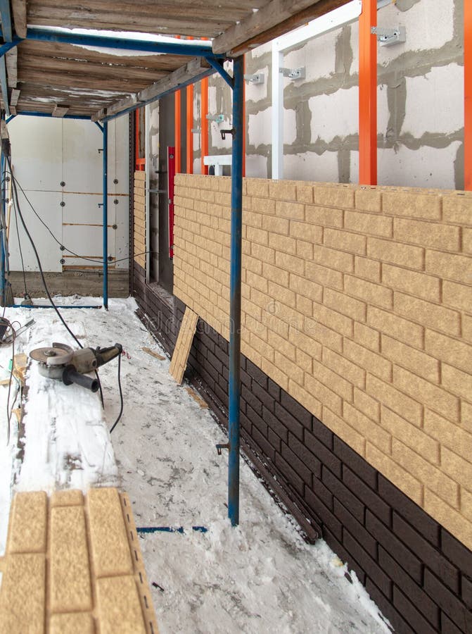 Installing Brick Siding on the Wall of the House Stock Image Image of