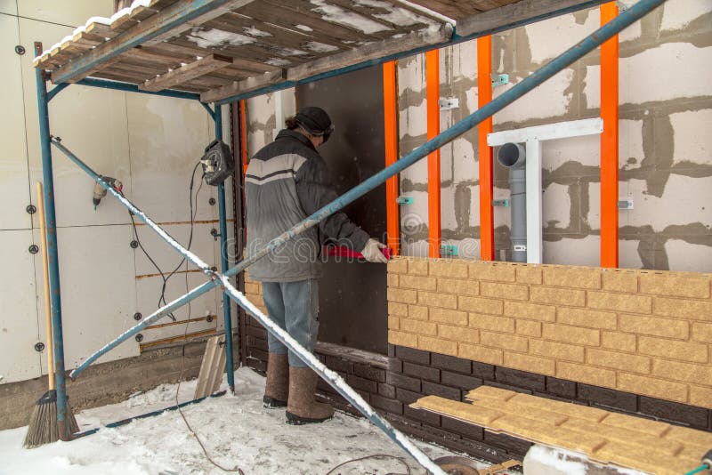 Installing Brick Siding on the Wall of the House Stock Photo Image of