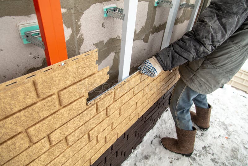 Installing Brick Siding on the Wall of the House Stock Photo Image of