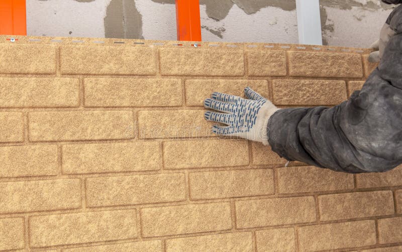 Installing Brick Siding on the Wall of the House Stock Image Image of