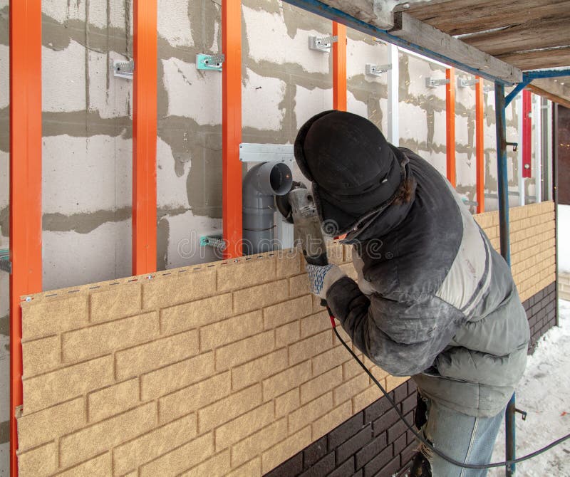 Installing Brick Siding on the Wall of the House Stock Photo Image of