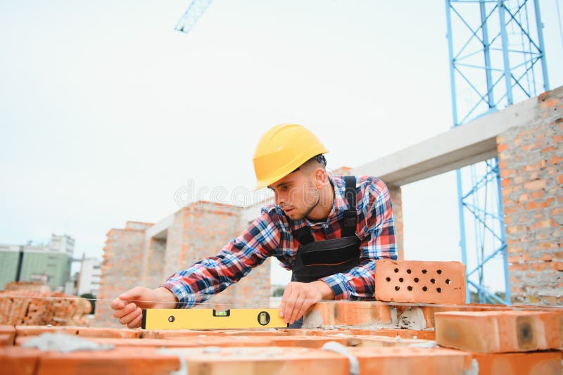 Installing Brick Wall. Construction Worker in Uniform and Safety