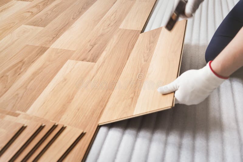 Installing Laminated Floor Man Hand In White Glove Holding Wooden