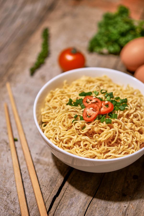Instant Noodle in Bowl Cooked Spicy Taste Topping with Eggs Stock Image ...