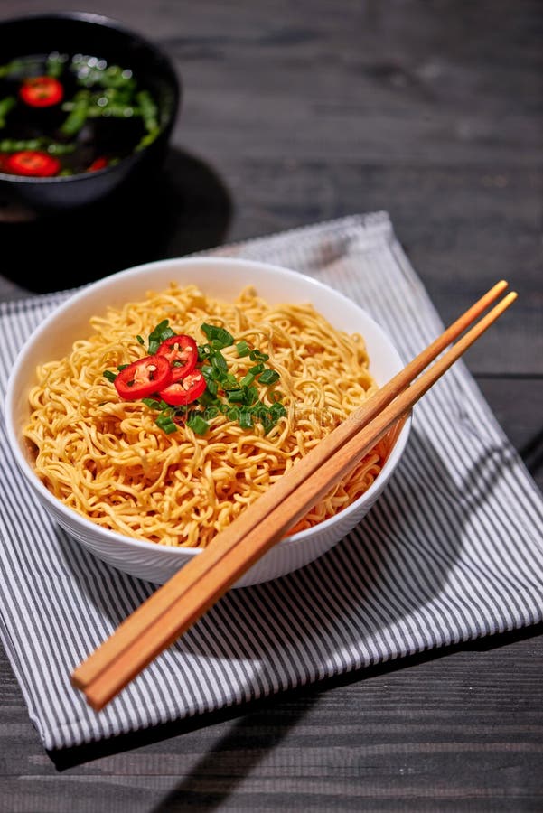 Instant Noodle in Bowl Cooked Spicy Taste Topping with Eggs Stock Photo ...