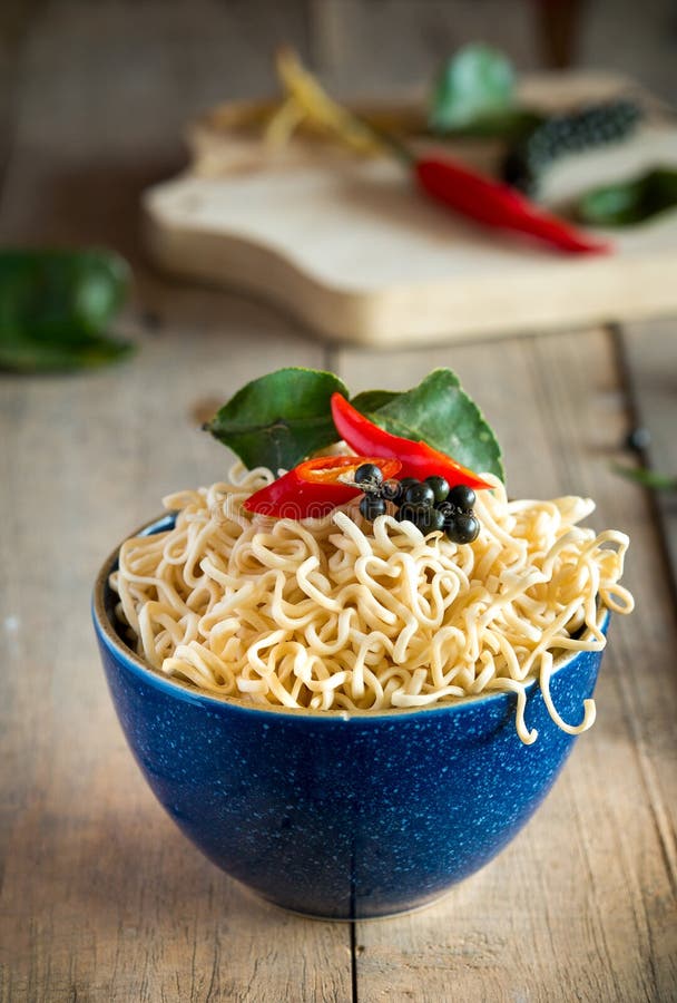 Instant Noodles In A Bowl On Old Wooden Table Stock Image Image Of