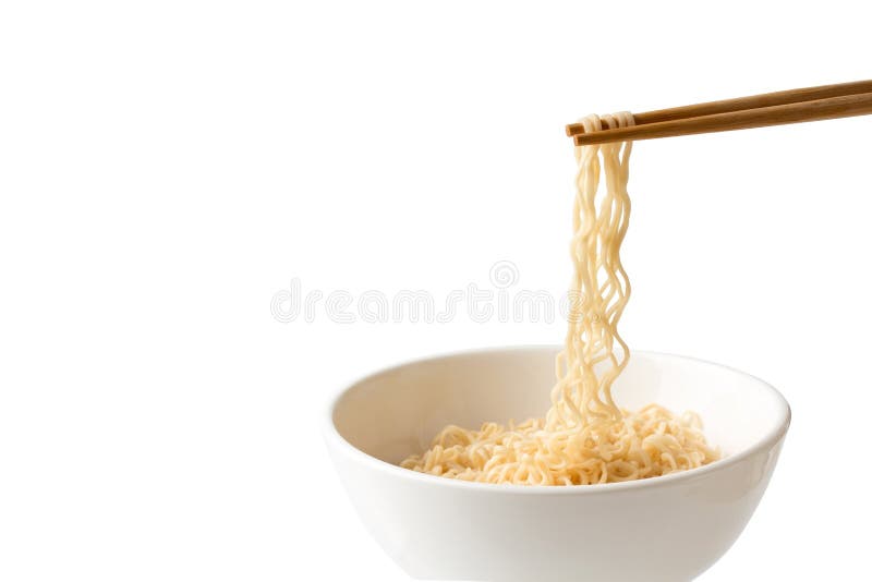 Instant Noodles in ceramic bowl with chopsticks. Instant Noodles in ceramic bowl with chopsticks top view isolated on white