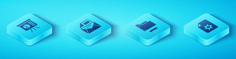 Instellen isometrische kaart met instellingen voor grafiekpost en e-maildocument en mappictogram. vector vector illustratie