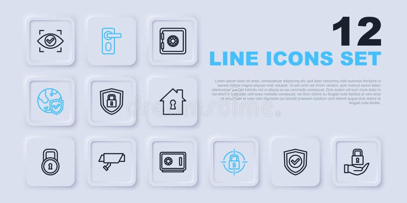 Set line Shield with check mark Lock security lock world globe Security camera Fingerprint door and Safe icon. Vector. Set line Shield with check mark Lock security lock world globe Security camera Fingerprint door and Safe icon. Vector.