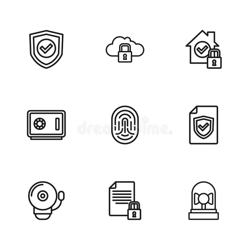 Set line Document and lock Contract with shield Ringing alarm bell Fingerprint House under protection Shield check mark Cloud computing and Safe icon. Vector. Set line Document and lock Contract with shield Ringing alarm bell Fingerprint House under protection Shield check mark Cloud computing and Safe icon. Vector.