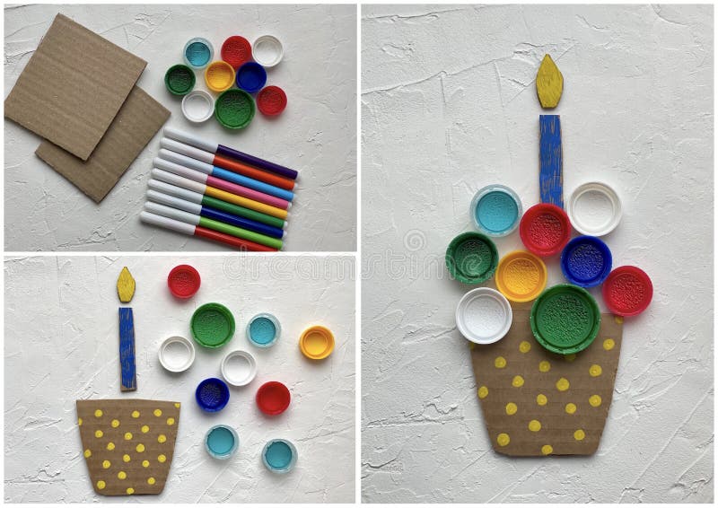 Instructions training how to make a muffin with a candle made of cardboard and plastic lids, kids craft stock images
