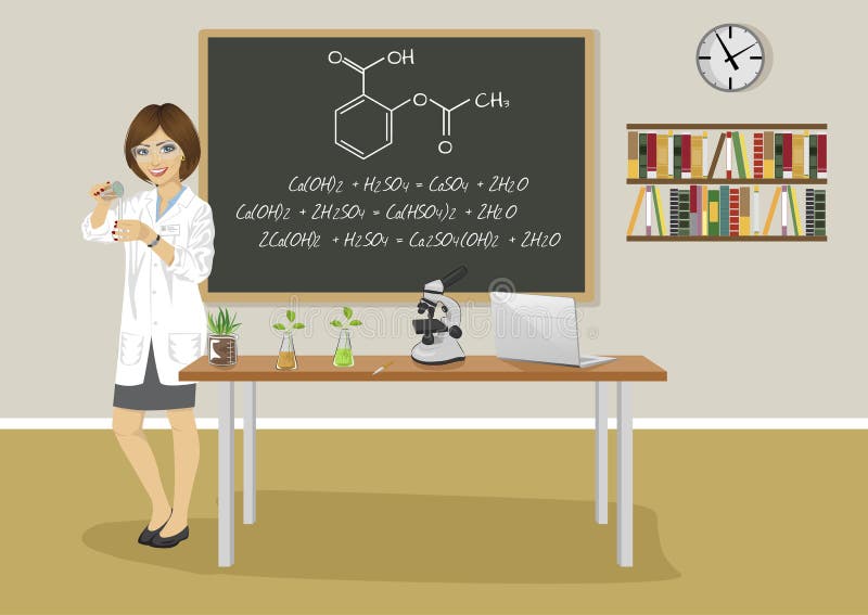 Instruisez le professeur féminin donnant la conférence dans la classe de chimie à côté du tableau noir illustration libre de droits Instruisez le professeur féminin donnant la conférence dans la classe de chimie à côté du tableau noir illustration libre de droits