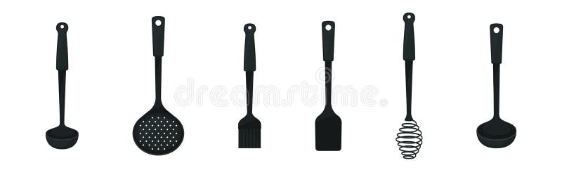 Instrumente de bucătărie din plastic negru cu oală spatulă și set de vectori pentru șoaptă royalty free illustration