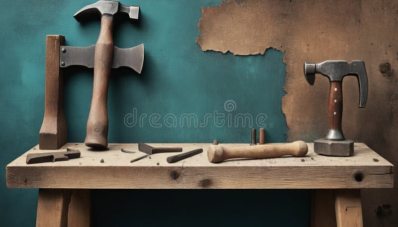 Instrumente de măsurare pe bancul de lucru din lemn, împotriva peretelui terestru rustic royalty free stock photo