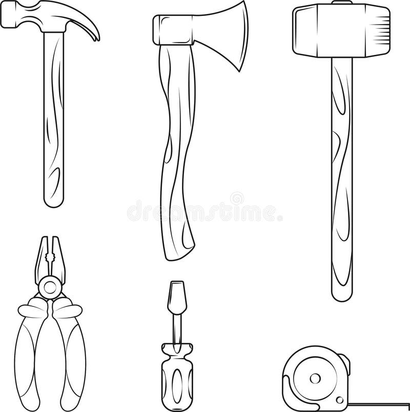 Set of construction tools in outlines.Vector illustration of hammer, ax, screwdriver, sledgehammer, pliers, tape measure.